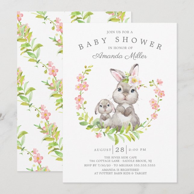 Invitation Maman adorable et bébé filles lapin Baby Shower (Devant / Derrière)