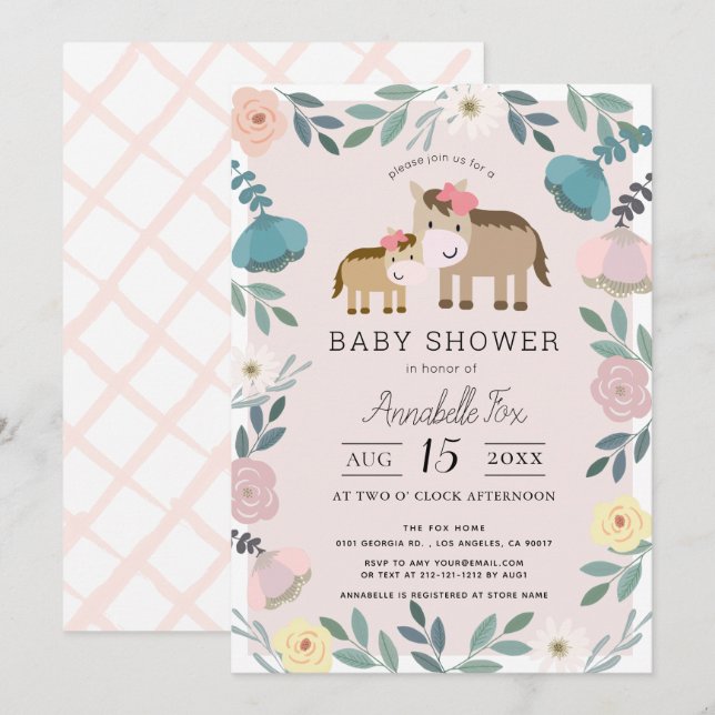 Invitation Maman & Baby Cheval Pink Jardin Floral Baby shower (Devant / Derrière)