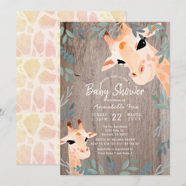 Invitation Maman & Baby Giraffe Baby shower rustique en bois (Devant / Derrière)
