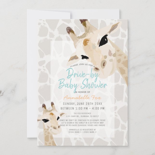 Invitation Maman & Baby Giraffe Greige Baby shower Drive by (Devant)