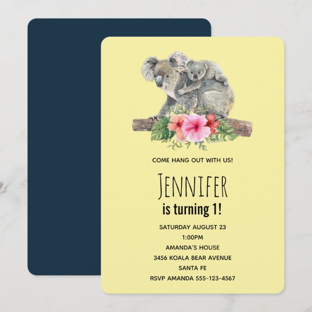 Invitation Maman & Bébé Koala Ours Aquarelle mignonne Anniver (Devant / Derrière)