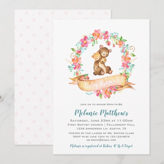 Invitation Maman Bébé Ours Aquarelle Floral Baby shower de co (Devant / Derrière)