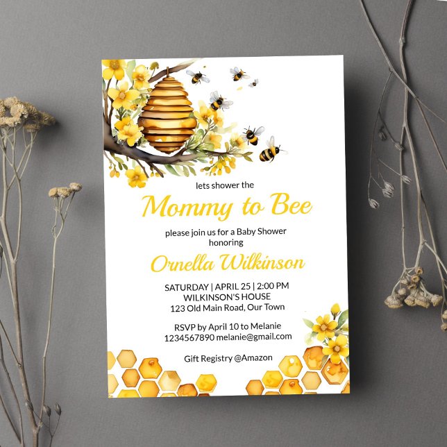 Invitation Maman d'abeilles de printemps baby shower modèle (Mommy to bee spring bee baby shower template invitation digital download beehive yellow flowers)