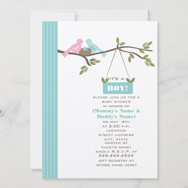 Invitation Maman de baby shower et oiseaux et nid bleus de (Devant)