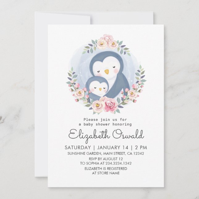 Invitation Maman Et Bébé Baby shower Floral Pingouin (Devant)