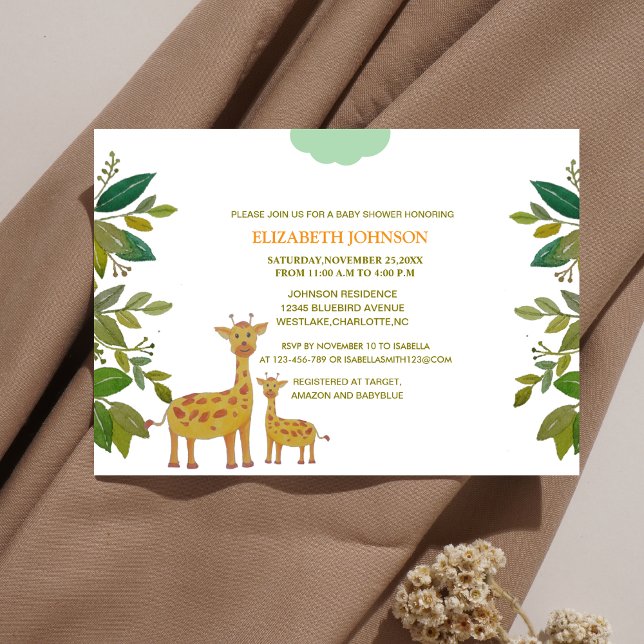 Invitation maman et petite girafe avec baby shower verdoyant (Créateur téléchargé)