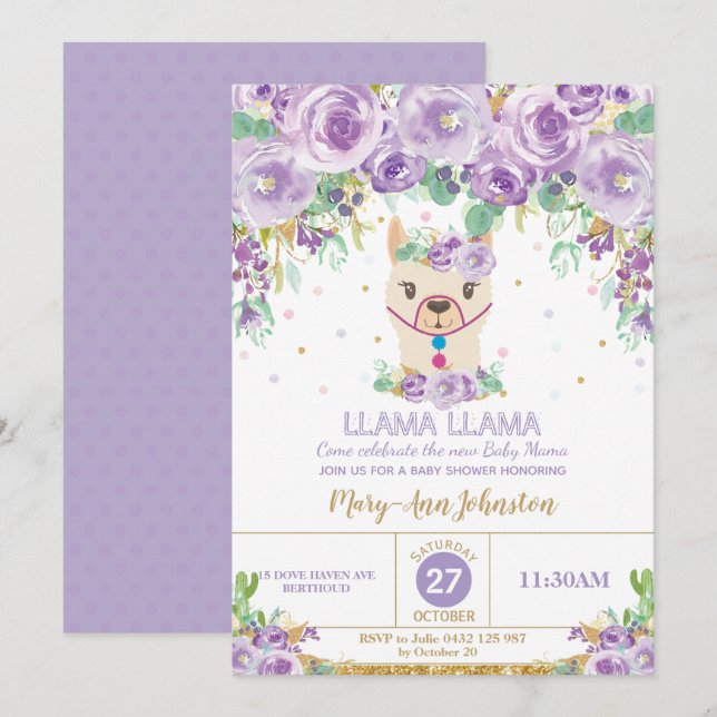 Invitation Maman florale pourpre lunatique baby shower de (Devant / Derrière)