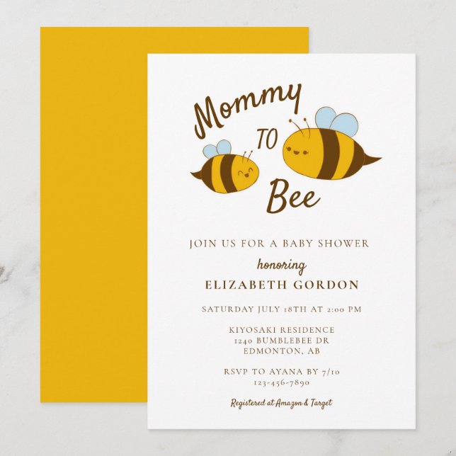 Invitation Maman to Bee Baby shower Cute Kawaii Neutral (Devant / Derrière)