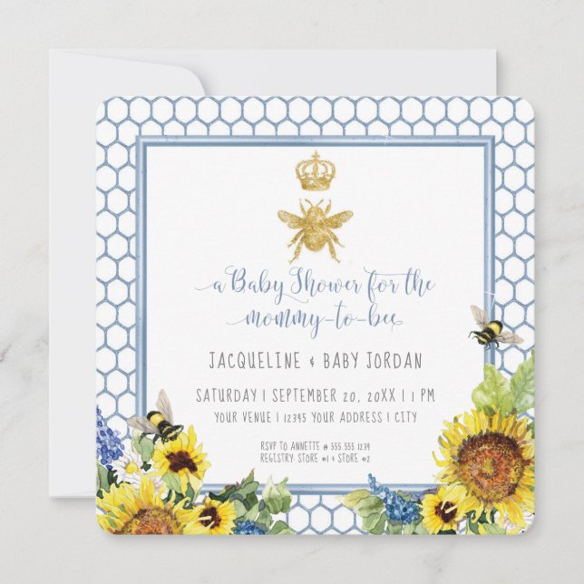 Invitation Maman to Bee Bumblebee Sunflower Gold Parties scin (Devant)