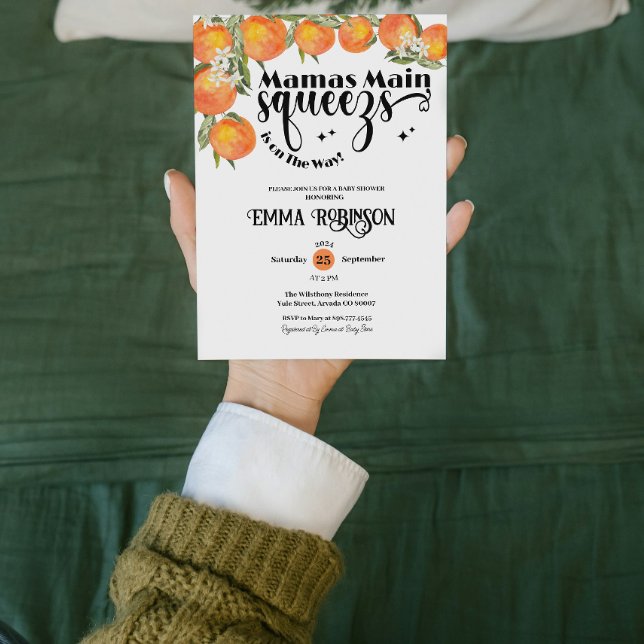 Invitation Mamas Baby shower principal Squeeze Orange Aquarel (mamas main squeeze summer baby shower gender neutral watercolor botanical mother to be)