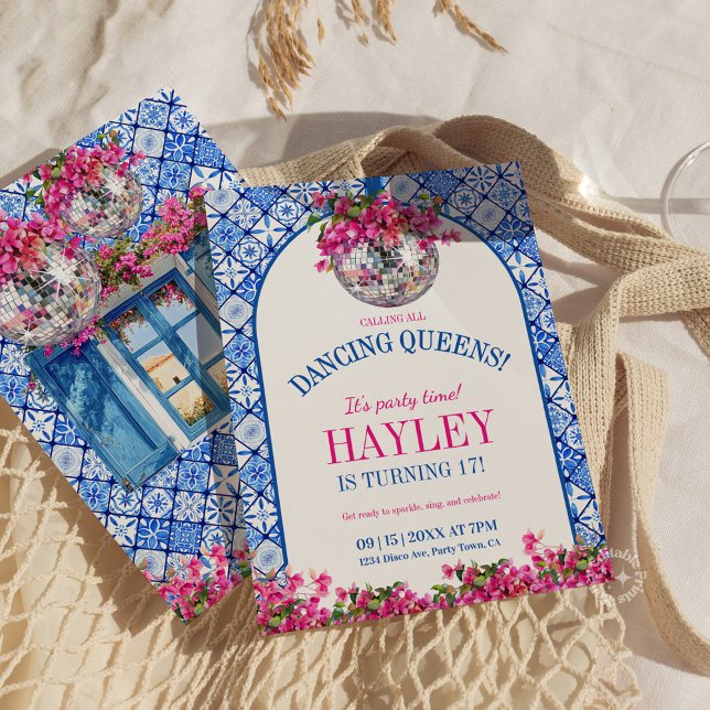 Invitation Mamma Mia Mediterranean Dancing Queen Birthday (Mamma Mia Mediterranean Dancing Queen 17 Birthday Invitation)