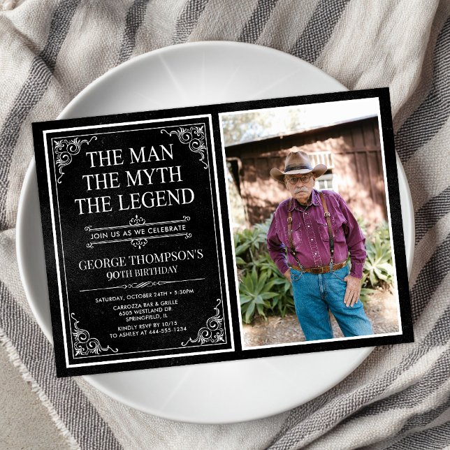 Invitation Man Myth Legend Black 90th Birthday Photo (Créateur téléchargé)