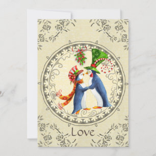 Invitation Manchots, Gui Vintage Hiver Enregistrer la Date