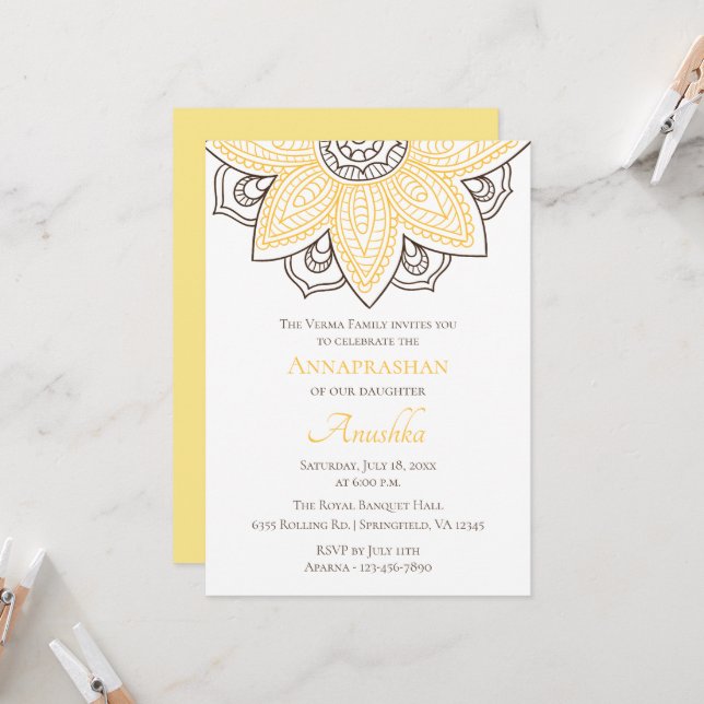 Invitation Mandala de tournesol jaune | Annaprashan (Devant/Arrière en situation)