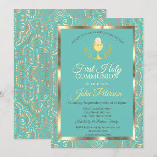 Invitation  Mandala doré Première communion verte menthe 