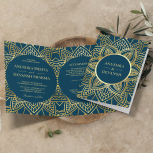 Invitation Mandala Ethnique Bleu et Or Mariage Indien