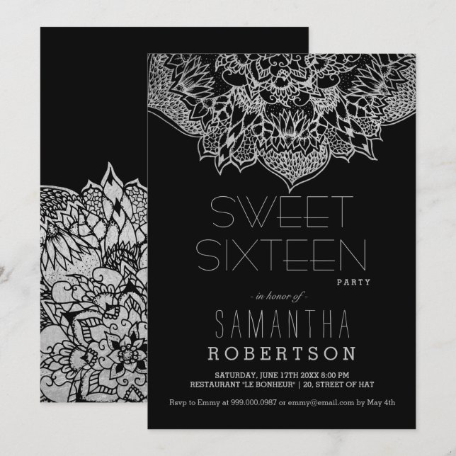 Invitation Mandala florale boho argent Sweet 16 party (Devant / Derrière)