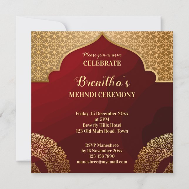 Invitation Mandala indienne motif rouge et or (Devant)