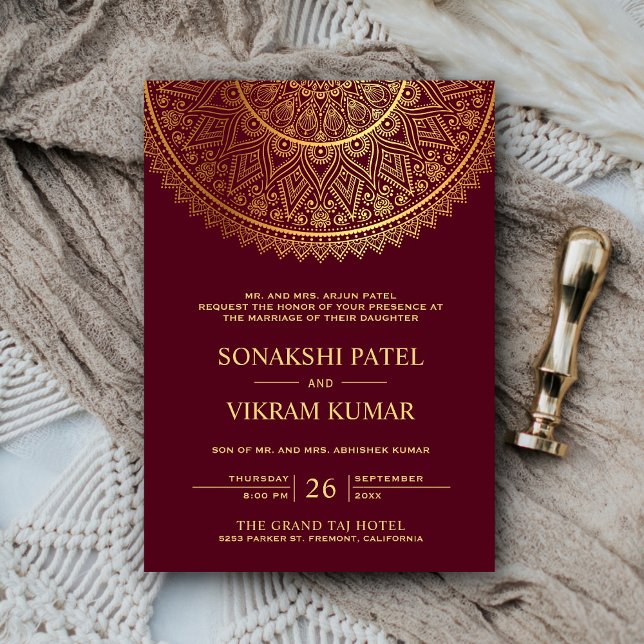 Invitation Mandala Mariage indien d'or de Bourgogne tradition (Créateur téléchargé)