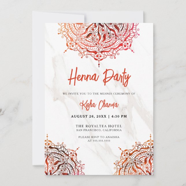 Invitation Mandala Mehndi Henna Party Rouge Marbre (Devant)