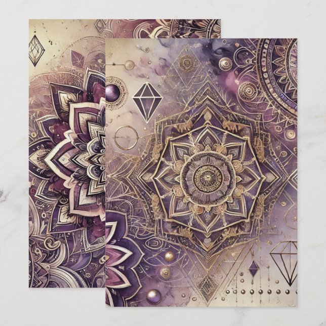Invitation Mandalas complexes en violet et or (Devant / Derrière)