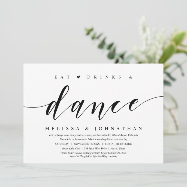 Invitation Manger, Boire et Danser, Fête de Mariage Intime (Debout devant)