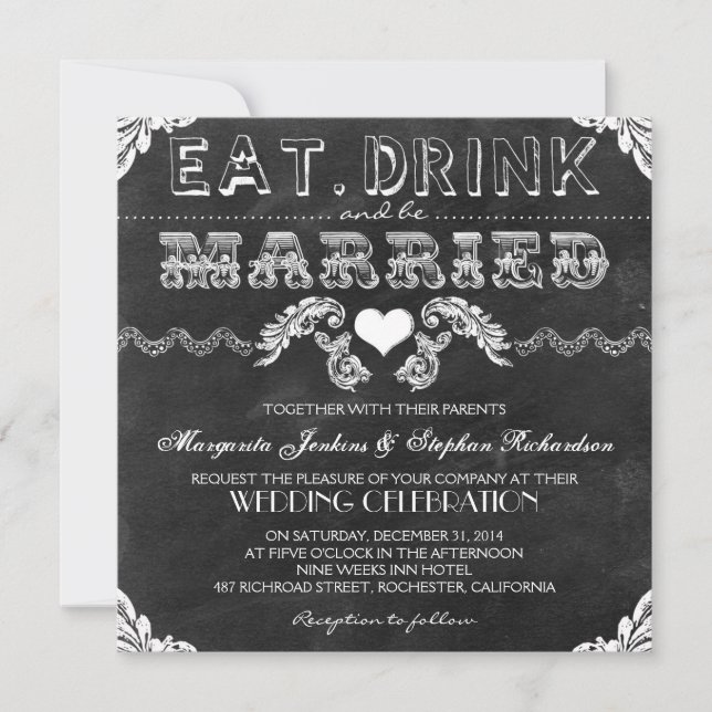 Invitation manger boire et être marié chalkboard mariage invi (Devant)