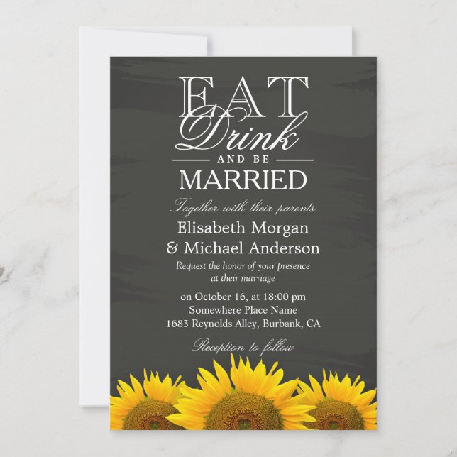 Invitation Manger boire et être marié Chalkboard Sunflowers (Devant)