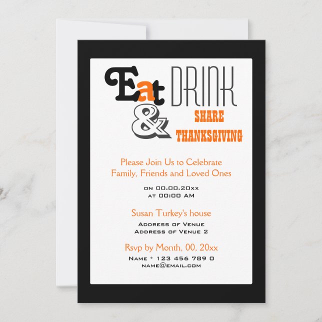 Invitation Manger boire fête de Thanksgiving anniversaire fêt (Devant)