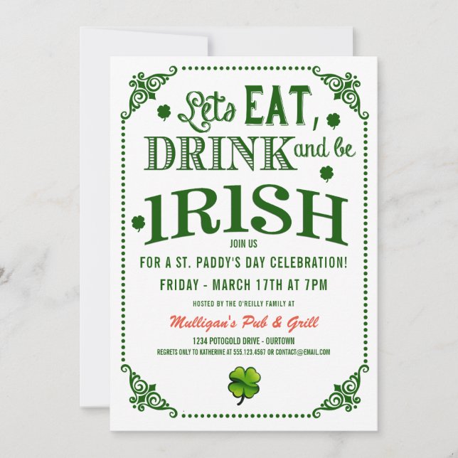 Invitation Manger/Boire/Soyez Irlandais St.Pat's Party Invita (Devant)