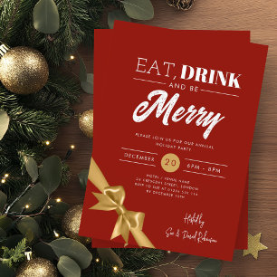 Invitation Manger moderne, Boire Soyez Joyeux Xmas Gold Ruban
