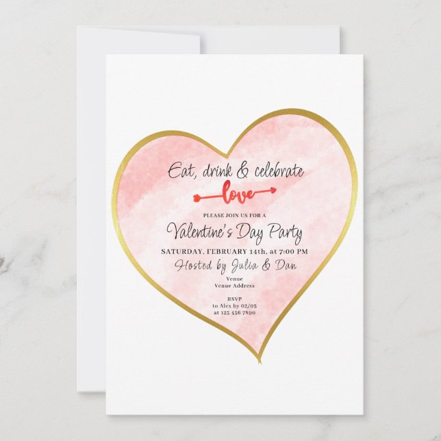 Invitation Mangez Boire & Aimer Aquarelle Or Coeur Vday Party (Devant)