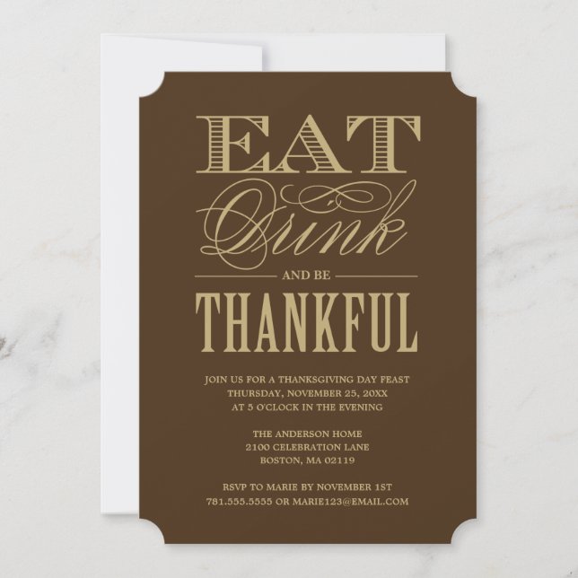 Invitation Mangez Boire et être Thanksgiving Dîner (Devant)