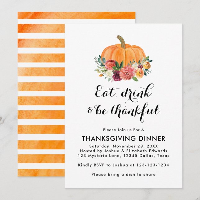 Invitation Mangez Boire Et Soyez Heureux Dîner Thanksgiving (Devant / Derrière)
