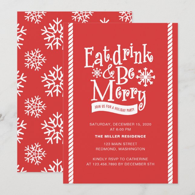 Invitation Mangez Boire et Soyez Joyeux Red Holiday Party (Devant / Derrière)