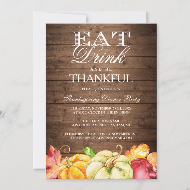 Invitation Mangez Boire et soyez reconnaissant | Rustic Wood  (Devant)