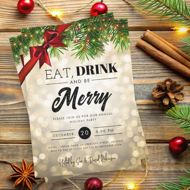 Invitation Mangez, Boire Soyez Joyeux Gold Pine Lumières Fête (Eat, Drink Be Merry Gold Pine Lights Holiday Xmas Invitation)
