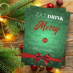 Invitation Mangez, Boire Soyez Merry Green Bokeh Holiday Red 