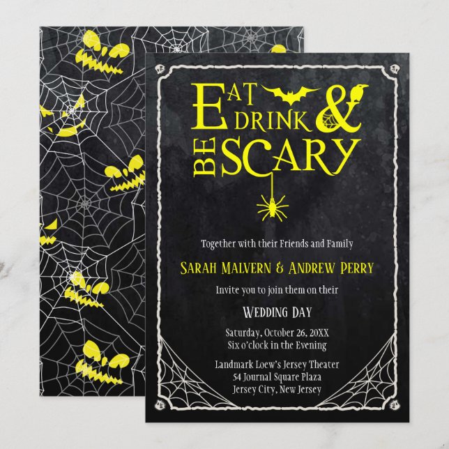 Invitation Mangez, buvez et soyez effrayant Mariage d'Hallowe (Devant / Derrière)