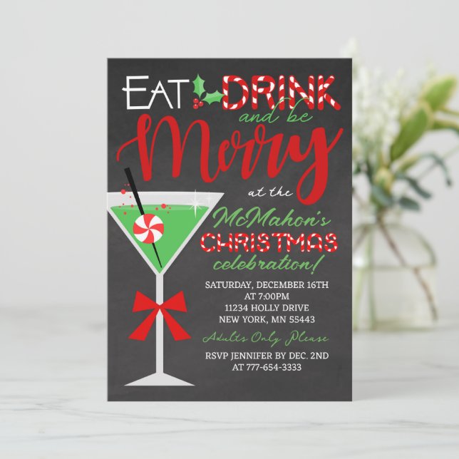 Invitation Mangez, buvez et soyez joyeux Chalkboard Noël Part (Debout devant)