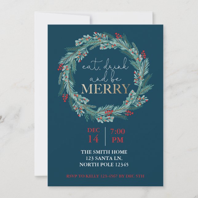 Invitation Mangez, Buvez et Soyez Joyeux Noël Fête Potluck I (Devant)