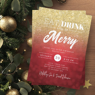 Invitation Mangez, Buvez Soyez Joyeux Gold Red Bokeh Noël