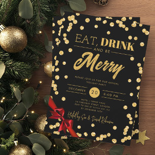 Invitation Mangez, Buvez Soyez Merry Gold Parties scintillant