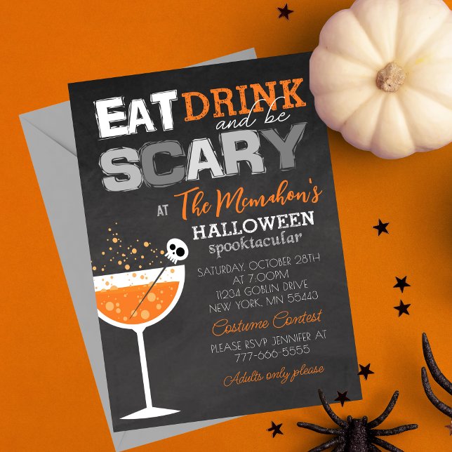 Invitation Mangez un verre et soyez effrayant Halloween Parti (Eat Drink and Be Scary Elegant Adult Chalkboard Halloween Invitations. Available Digital or Printed)