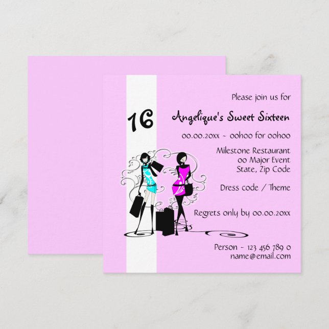 Invitation Mannequins Girly de sweet sixteen | Paris chic (Devant / Derrière)