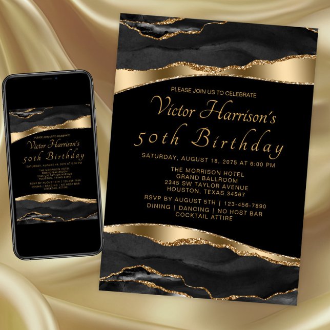 Invitation Mans Black Gold Agate Anniversaire (Black and gold any event invitation. Instant download and printed invitations available.)