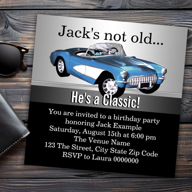 Invitation Mans Blue Antique Car fête d'anniversaire (Classic car any number birthday invitation. All text, fonts and wording can be changed as needed.)