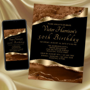 Invitation Mans Brown Black Gold Agate Anniversaire