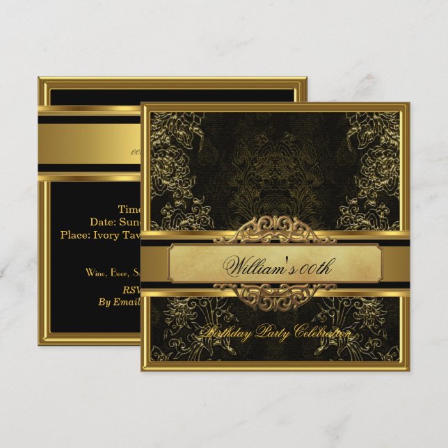 Invitation Mans Elegant Black Gold Hommes de fête d'anniversa (Devant / Derrière)