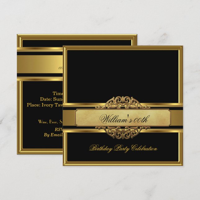 Invitation Mans Elegant Black Gold Hommes de fête d'anniversa (Devant / Derrière)